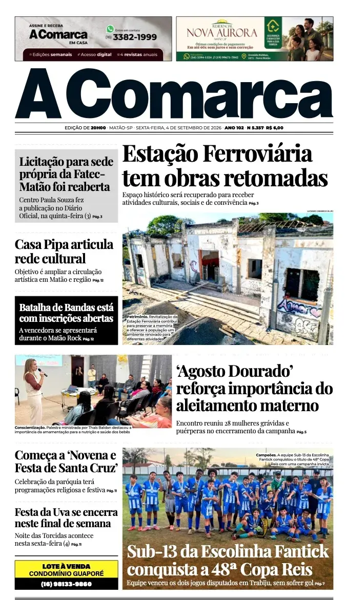 Primeira página da edição 5357 de A Comarca, 4 de setembro de 2026