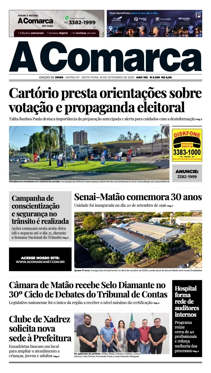 Primeira página da edição 5359 de A Comarca, 19 de setembro de 2026