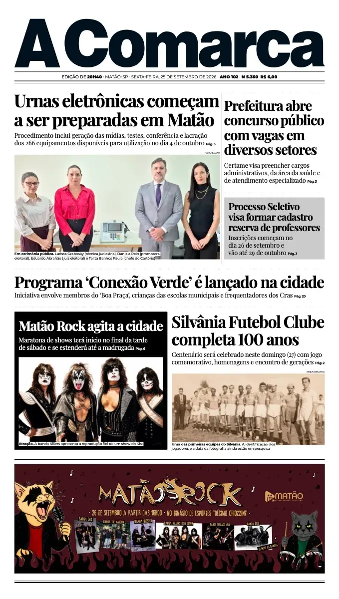 Primeira página da edição 5360 de A Comarca, 25 de setembro de 2026
