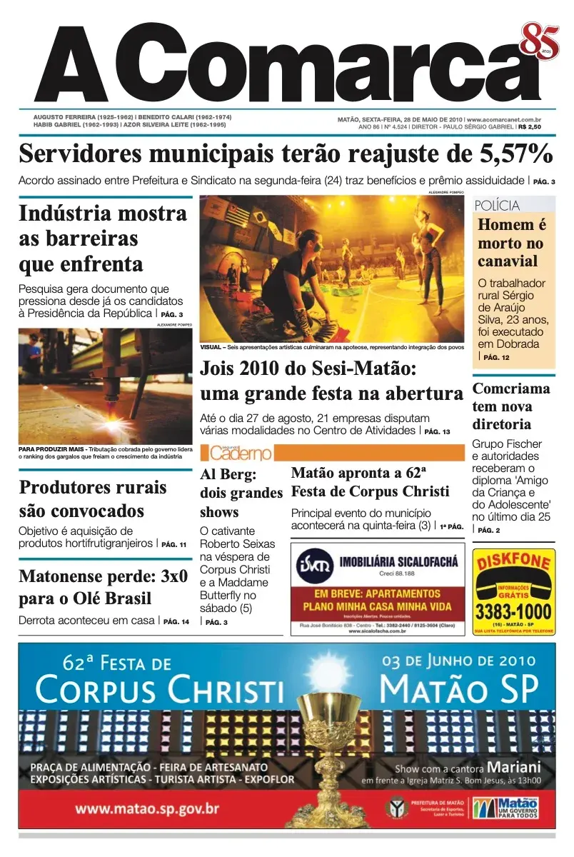 Primeira página da edição 4524 de A Comarca, 28 de maio de 2010