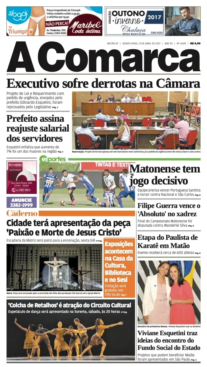Primeira página da edição 4876 de A Comarca, 13 de abril de 2017