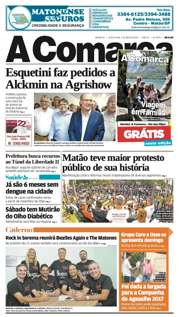 Primeira página da edição 4879 de A Comarca, 5 de maio de 2017