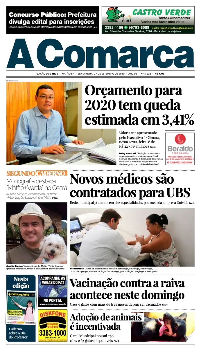 Primeira página da edição 5002 de A Comarca, 27 de setembro de 2019