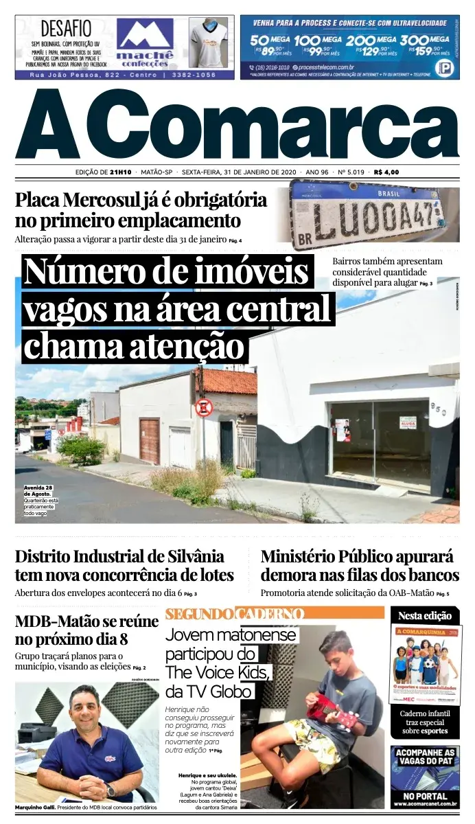 Primeira página da edição 5019 de A Comarca, 31 de janeiro de 2020