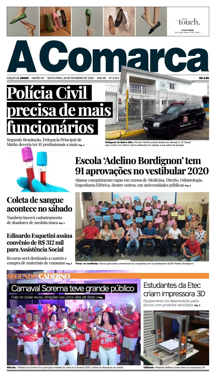 Primeira página da edição 5023 de A Comarca, 28 de fevereiro de 2020
