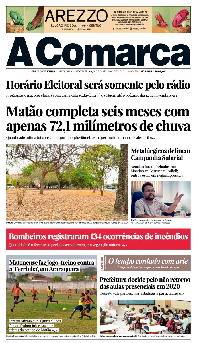 Primeira página da edição 5055 de A Comarca, 9 de outubro de 2020