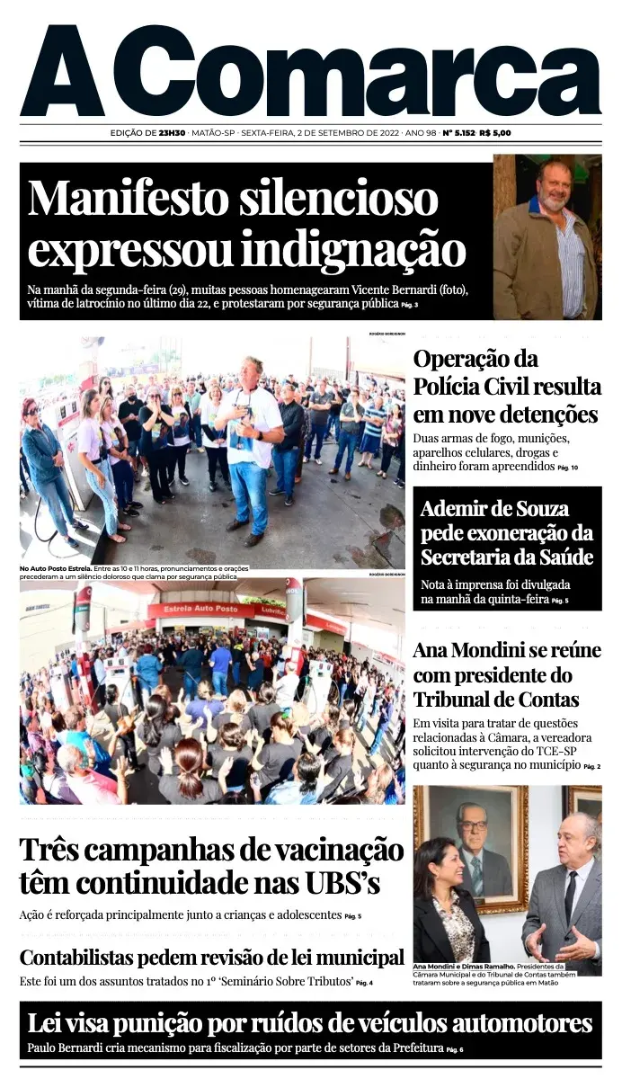 Primeira página da edição 5152 de A Comarca, 2 de setembro de 2022